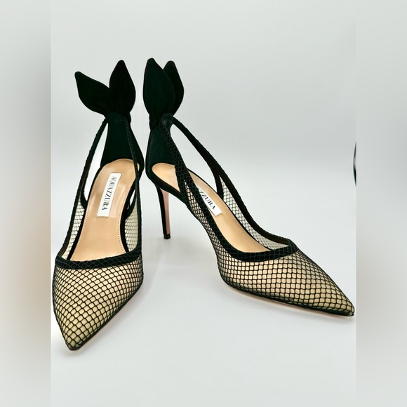 NWT Aquazzura Bow Tie Mesh Pump Heels 85 Mesh/Suede Black 37 W Box & Dust Bag - Picture 5 of 16